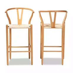 Kirklands Home Natural Wood Woven Yarn Seat Bar Stools, Set of 2 Tan Discount