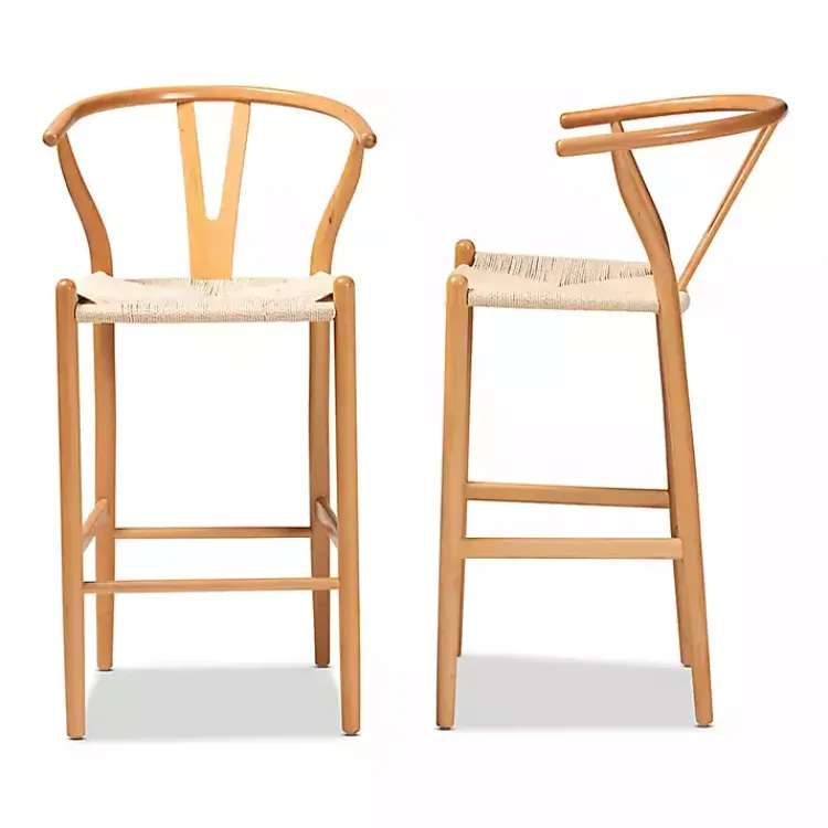 Kirklands Home Natural Wood Woven Yarn Seat Bar Stools, Set of 2 Tan Discount