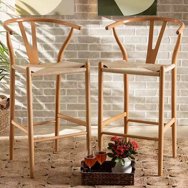 Kirklands Home Natural Wood Woven Yarn Seat Bar Stools, Set of 2 Tan Discount