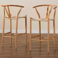 Kirklands Home Natural Wood Woven Yarn Seat Bar Stools, Set of 2 Tan Discount