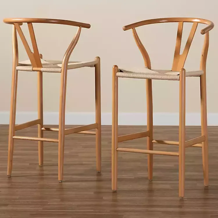 Kirklands Home Natural Wood Woven Yarn Seat Bar Stools, Set of 2 Tan Discount