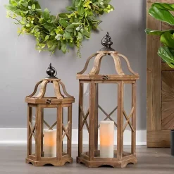 Lanterns>Kirklands Home Natural Wood X-Frame Lanterns, Set of 2 Tan