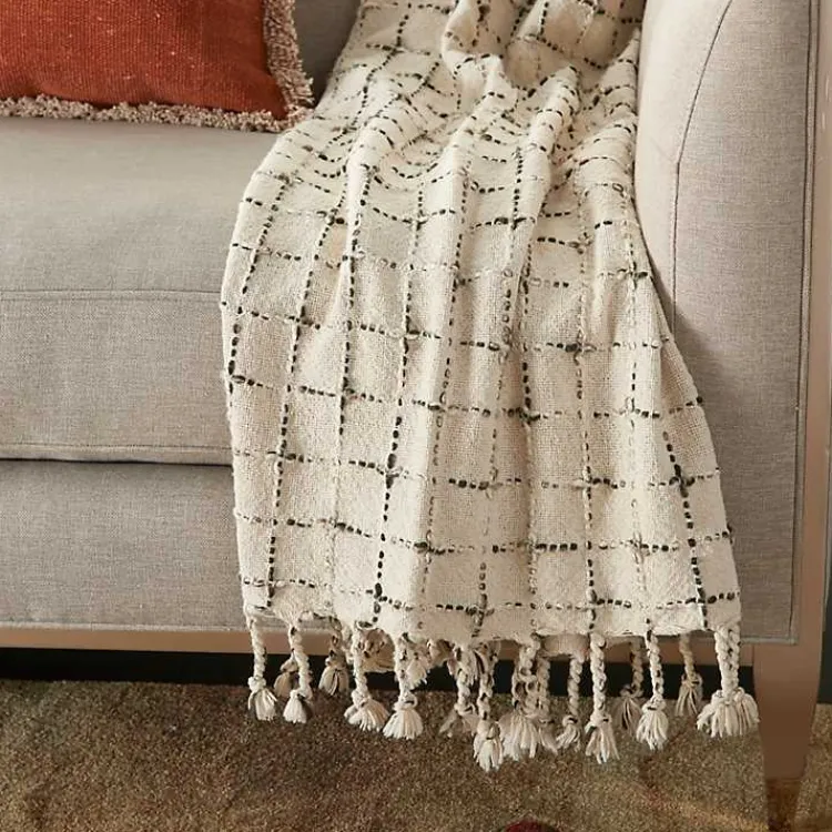 Blankets & Throws>Kirklands Home Natural Woven Grid Throw Ivory