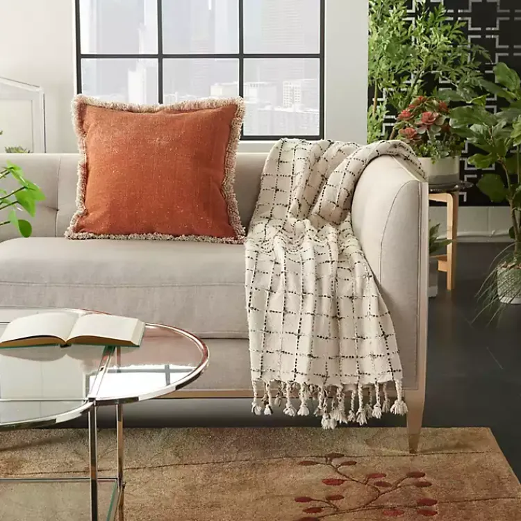 Blankets & Throws>Kirklands Home Natural Woven Grid Throw Ivory