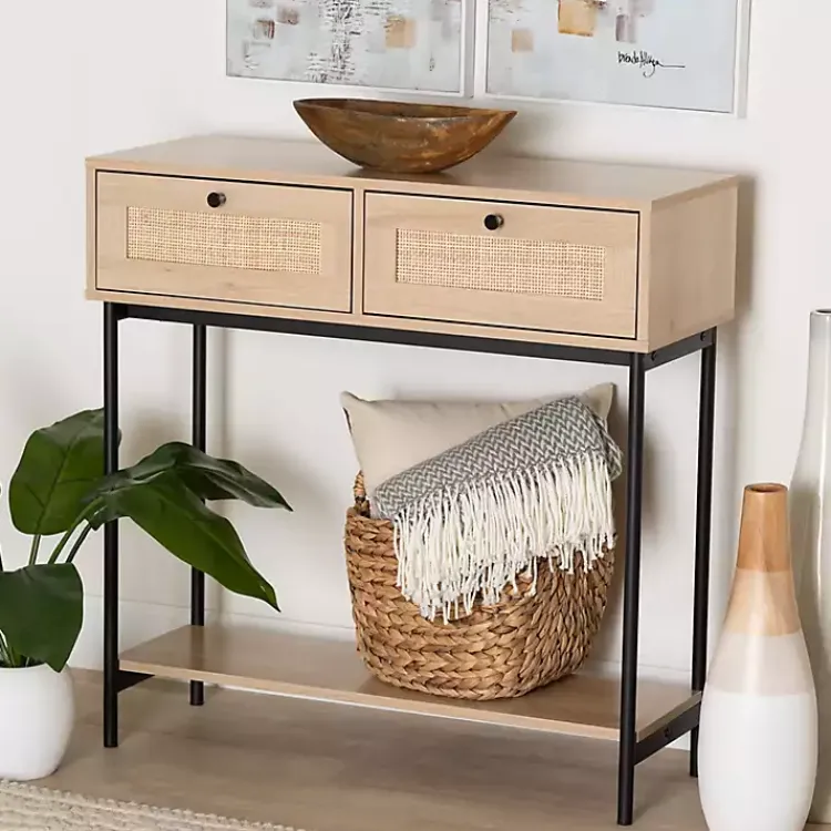 Kirklands Home Natural Woven Rat 2-Drawer Console Table Tan New