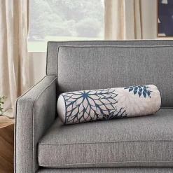 Kirklands Home Navy and Beige Floral Outdoor Bolster Pillow Blue