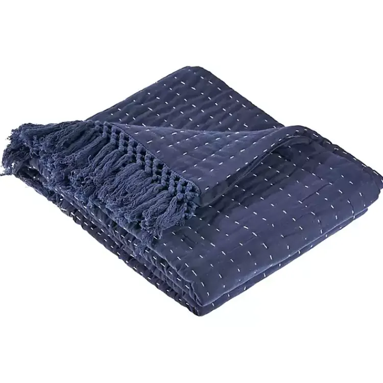Blankets & Throws>Kirklands Home Navy and Cream Stitch Fringe Throw Blue