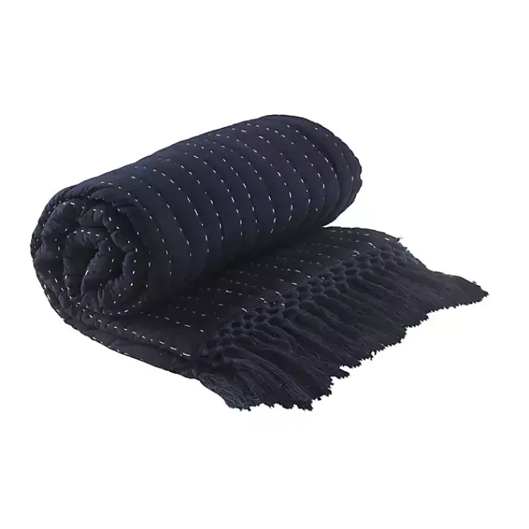 Blankets & Throws>Kirklands Home Navy and Cream Stitch Fringe Throw Blue