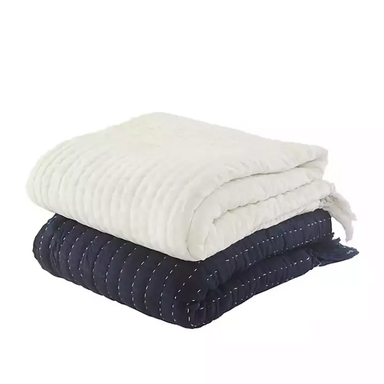 Blankets & Throws>Kirklands Home Navy and Cream Stitch Fringe Throw Blue