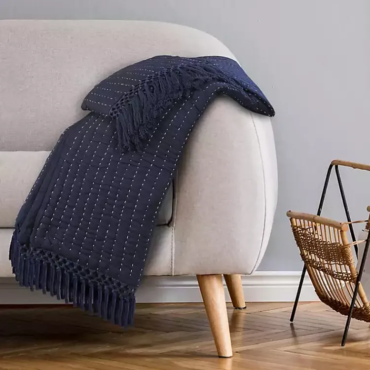 Blankets & Throws>Kirklands Home Navy and Cream Stitch Fringe Throw Blue