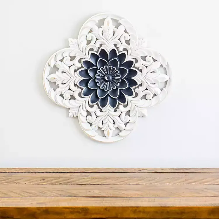 Kirklands Home Navy and White Medallion Carved Plaque Blue Hot