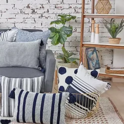 Pillows>Kirklands Home Navy and White Stripe Fringe Throw Pillow Blue