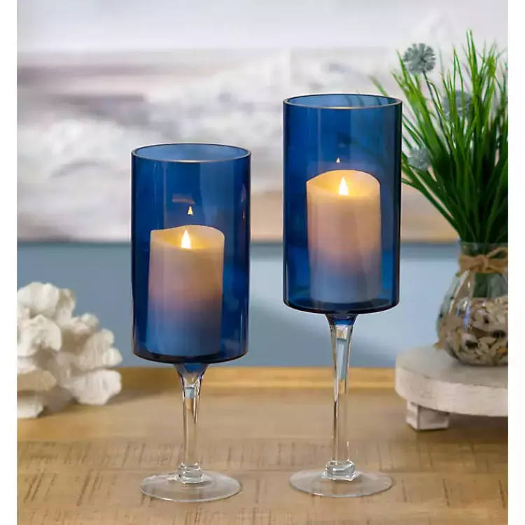 Candle Holders>Kirklands Home Navy Glass Hurricane Candle Holders, Set of 2 Blue
