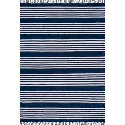 Kirklands Home Navy Blue Striped Tassel Cotton Area Rug, 8x10 Online