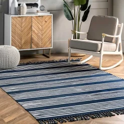 Kirklands Home Navy Blue Striped Tassel Cotton Area Rug, 8x10 Online