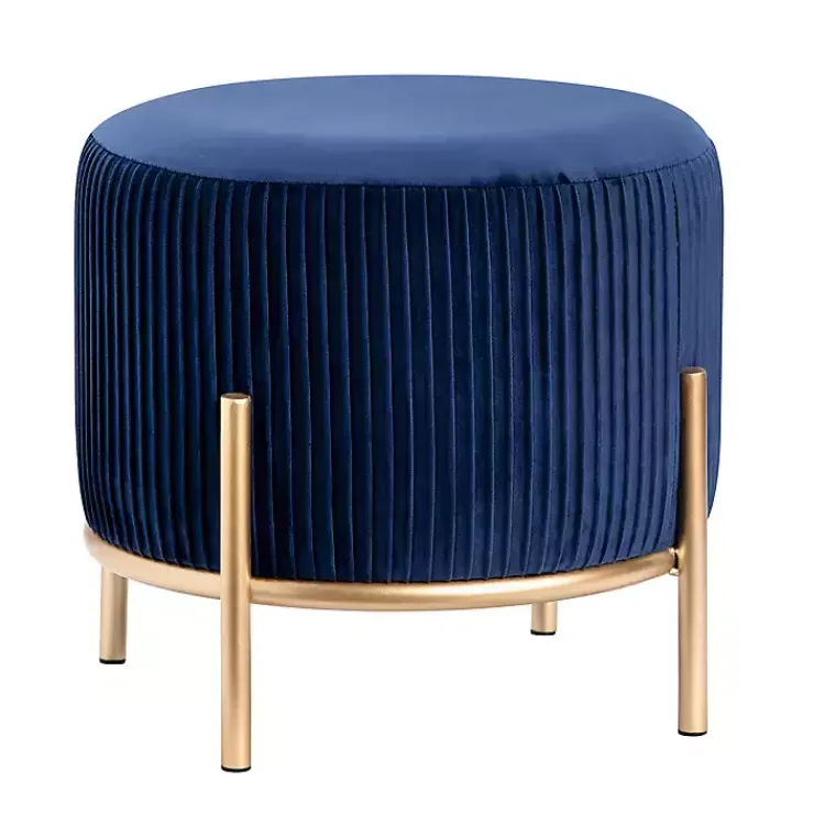 Kirklands Home Navy Velvet Upholstered Round Ottoman Blue Discount
