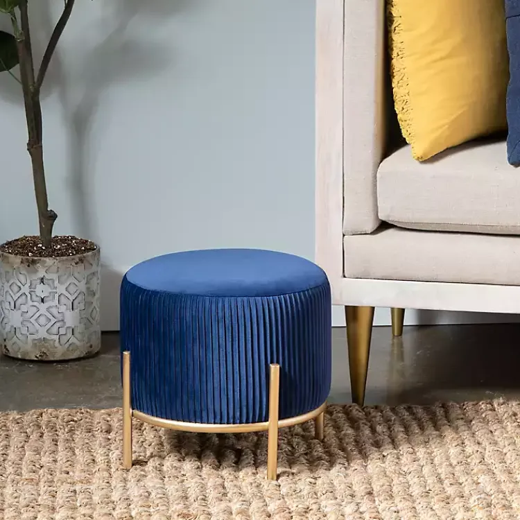 Kirklands Home Navy Velvet Upholstered Round Ottoman Blue Discount