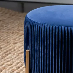 Kirklands Home Navy Velvet Upholstered Round Ottoman Blue Discount