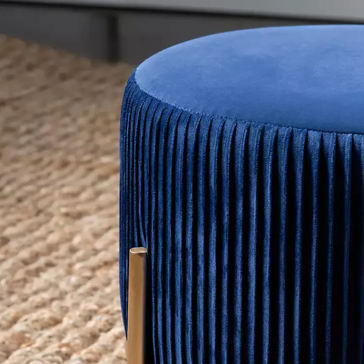 Kirklands Home Navy Velvet Upholstered Round Ottoman Blue Discount