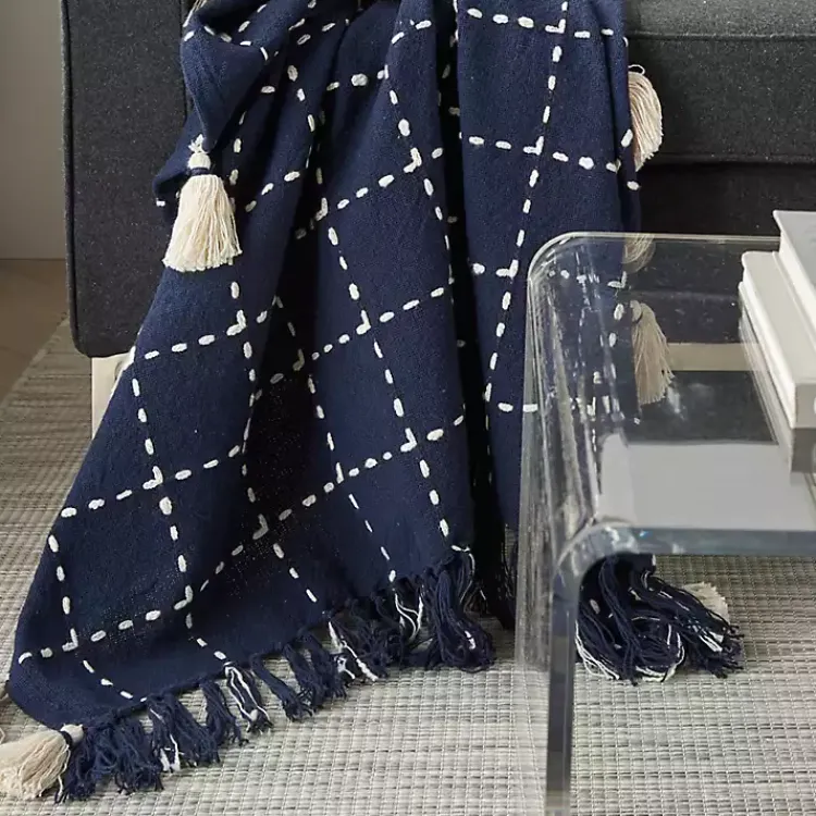 Blankets & Throws>Kirklands Home Navy Woven Checkered Throw Blue