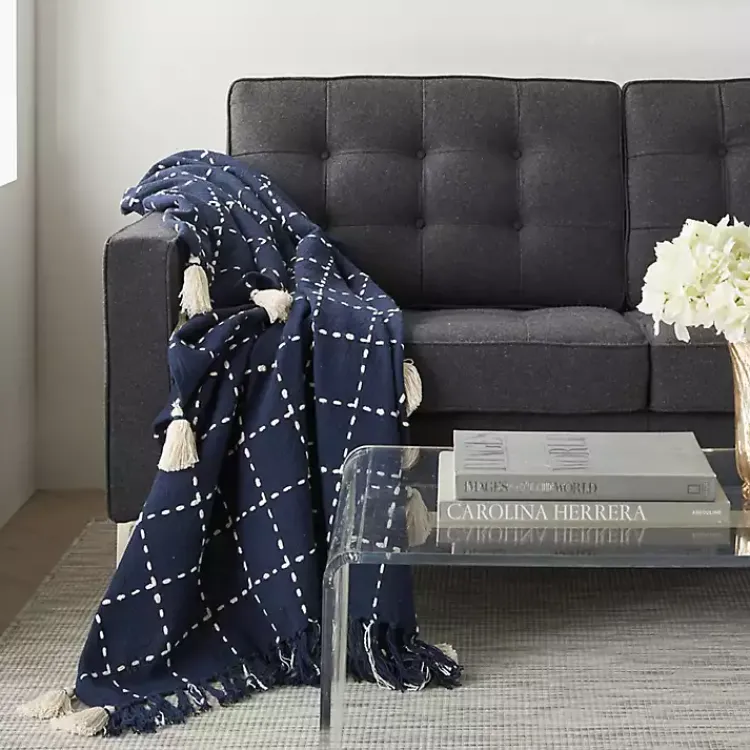 Blankets & Throws>Kirklands Home Navy Woven Checkered Throw Blue