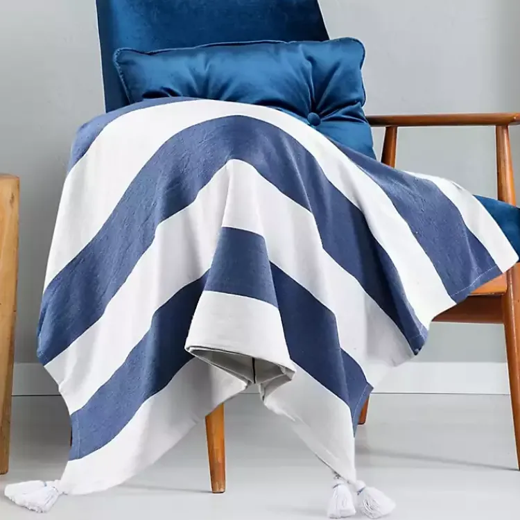 Blankets & Throws>Kirklands Home Navy Cabana Stripe Tassel Throw
