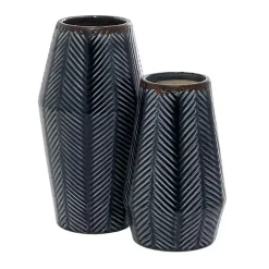 Vases>Kirklands Home Navy Carved Chevron Ceramic Vases, Set of 2 Blue