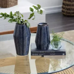Vases>Kirklands Home Navy Carved Chevron Ceramic Vases, Set of 2 Blue