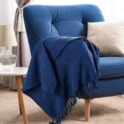 Blankets & Throws>Kirklands Home Navy Checkered Weave Fringe Throw Blue