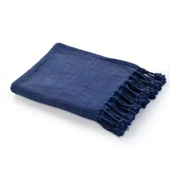 Blankets & Throws>Kirklands Home Navy Checkered Weave Fringe Throw Blue