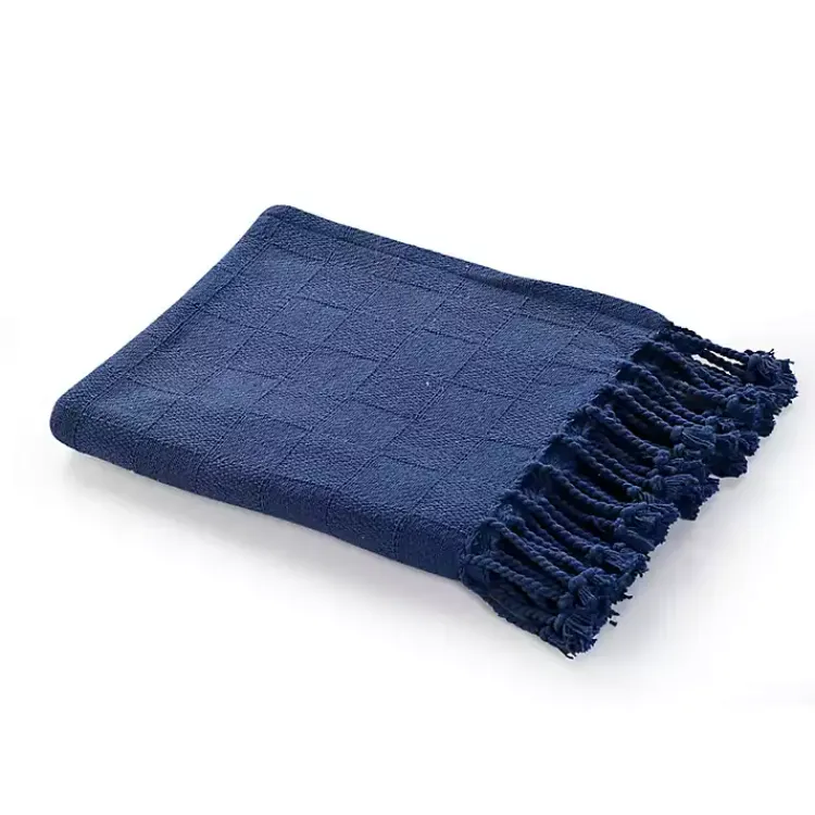 Blankets & Throws>Kirklands Home Navy Checkered Weave Fringe Throw Blue