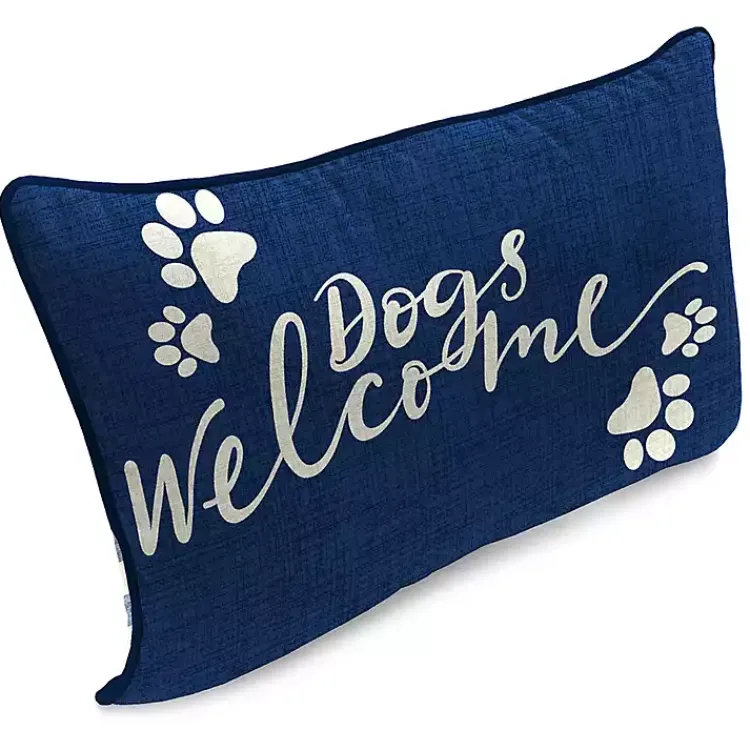Kirklands Home Navy Dogs Welcome Outdoor Lumbar Pillow Clearance