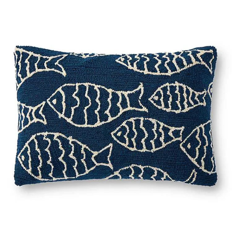 Kirklands Home Navy Embroidered Fish Outdoor Lumbar Pillow Sale
