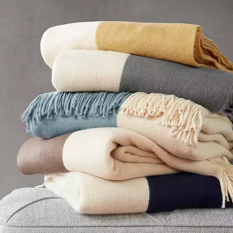 Blankets & Throws>Kirklands Home Navy Faux Cashmere Color Block Throw Blanket Blue