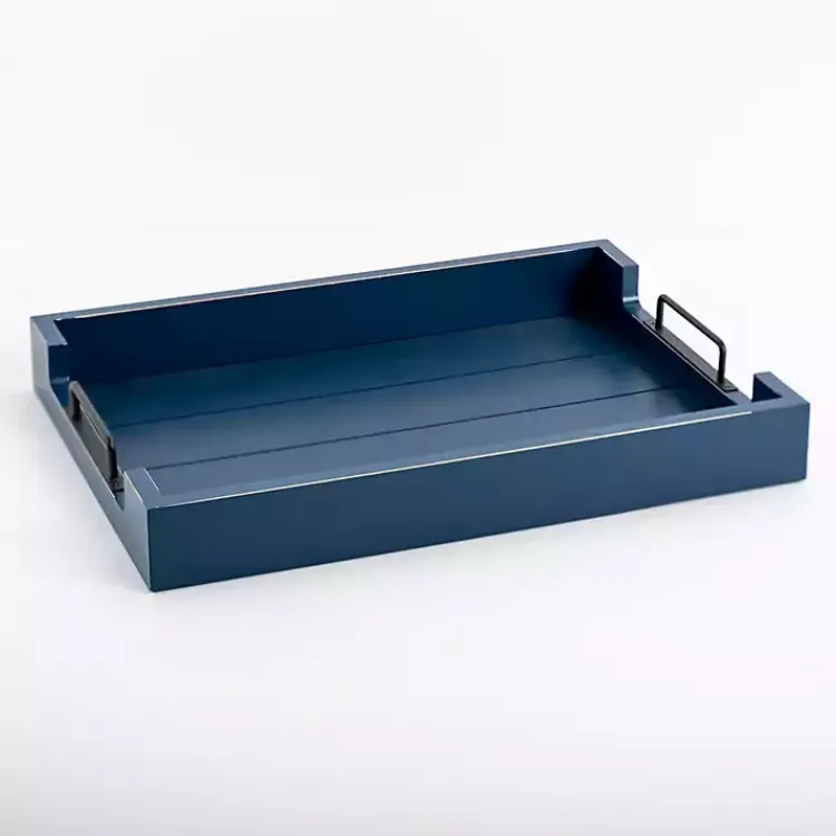 Decorative Trays>Kirklands Home Navy Slatted Wood & Metal Handles Tray Blue