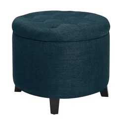 Kirklands Home Navy Upholstered Eliza Round Storage Ottoman Blue Sale