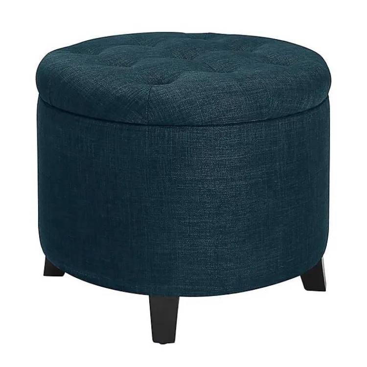 Kirklands Home Navy Upholstered Eliza Round Storage Ottoman Blue Sale
