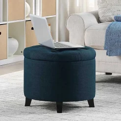 Kirklands Home Navy Upholstered Eliza Round Storage Ottoman Blue Sale