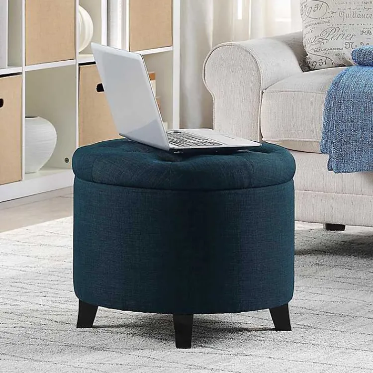 Kirklands Home Navy Upholstered Eliza Round Storage Ottoman Blue Sale