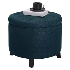 Kirklands Home Navy Upholstered Eliza Round Storage Ottoman Blue Sale