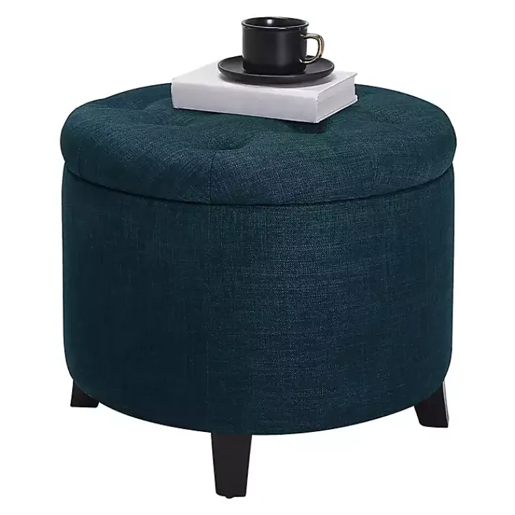 Kirklands Home Navy Upholstered Eliza Round Storage Ottoman Blue Sale