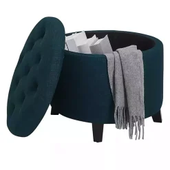 Kirklands Home Navy Upholstered Eliza Round Storage Ottoman Blue Sale