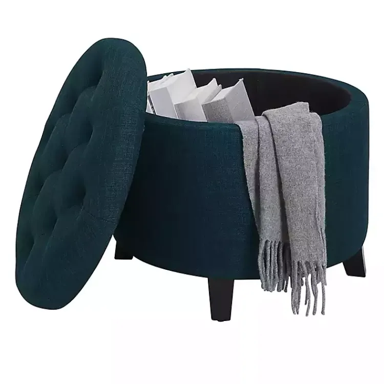 Kirklands Home Navy Upholstered Eliza Round Storage Ottoman Blue Sale