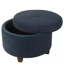 Kirklands Home Navy Velvet Upholstered Round Storage Ottoman Blue Best