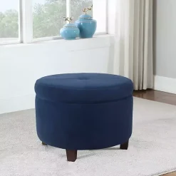 Kirklands Home Navy Velvet Upholstered Round Storage Ottoman Blue Best