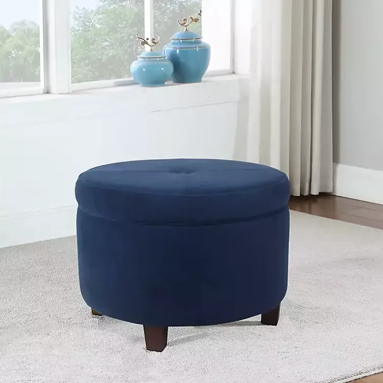 Kirklands Home Navy Velvet Upholstered Round Storage Ottoman Blue Best