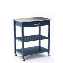 Kirklands Home Navy Wood and Stainless Steel Top Kitchen Cart Blue Online