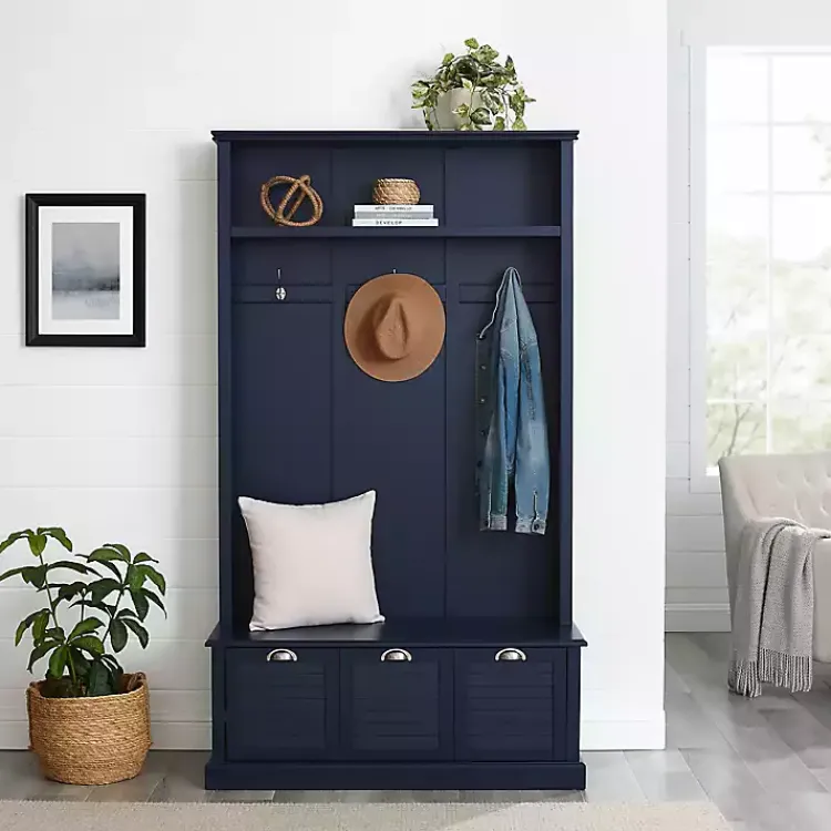 Kirklands Home Navy Wood Storage Bench Hall Tree Blue Discount
