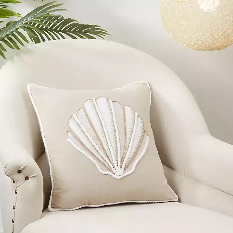 Pillows>Kirklands Home Neutral Embroidered Shell Throw Pillow Tan