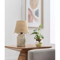 Kirklands Home Neutral Faux Stone Table Lamp with Scalloped Shade Tan Best